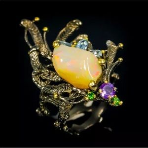 Exquisite opal solid sterling silver hand crafted ring size 8.25
